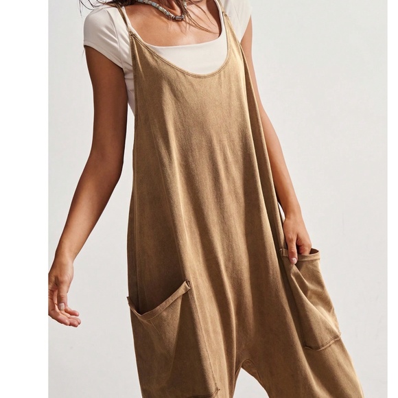 Star Patch Solid Camel Pockets Straight Leg Cami Jumpsuit - Picture 2 of 5